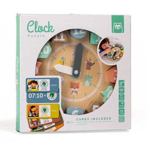 reloj de madera encajable con tarjetas para aprender las horas. eurekakids
