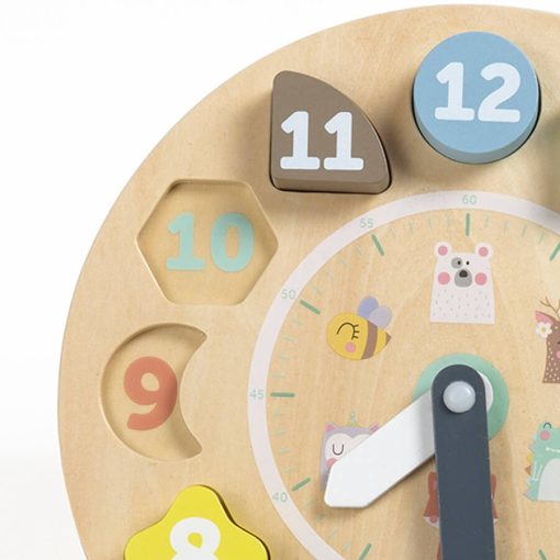 reloj de madera encajable con tarjetas para aprender las horas. eurekakids