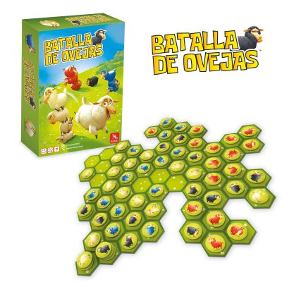 Caja del juego Batalla de Ovejas de Lúdilo con ovejas y losetas de pasto.