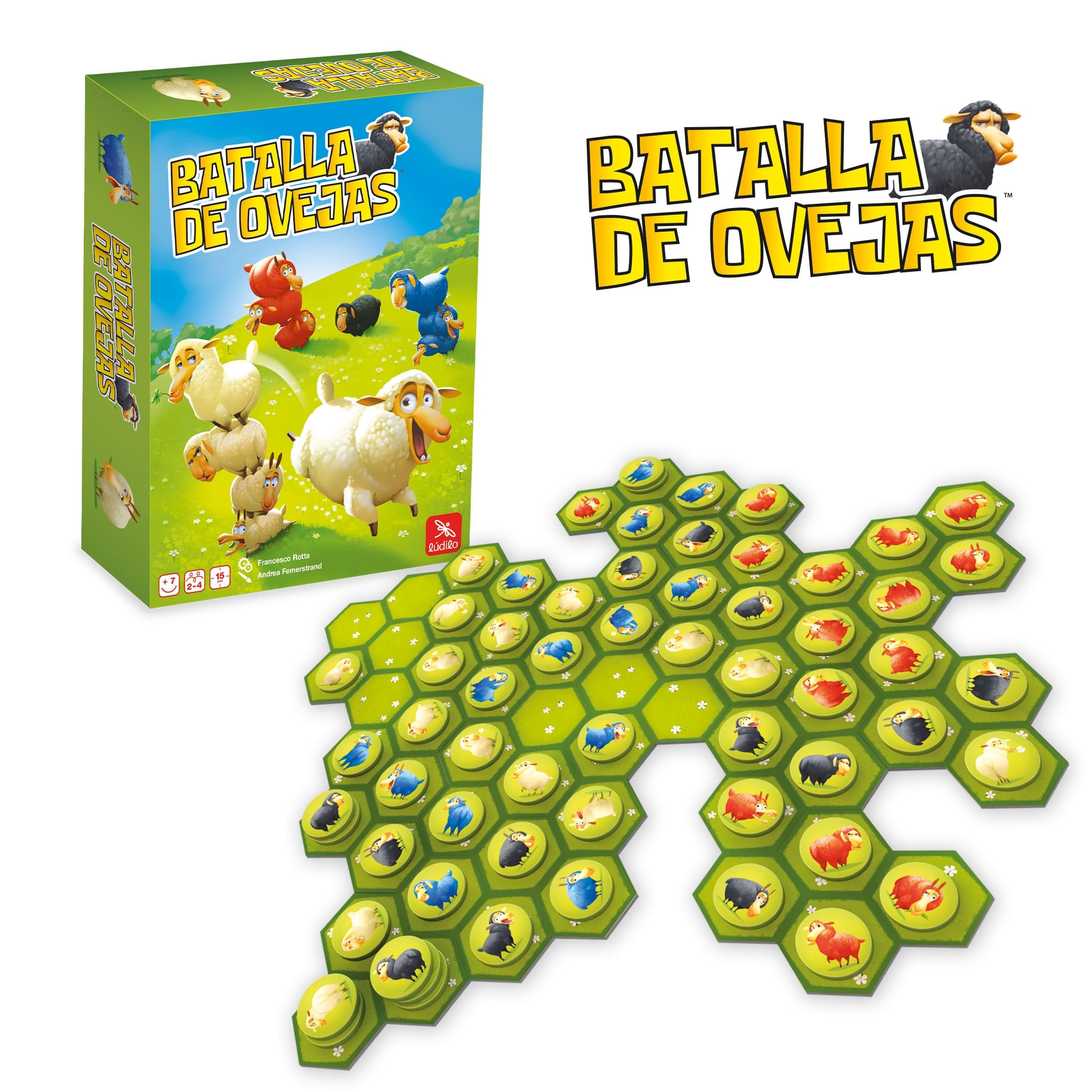 Caja del juego Batalla de Ovejas de Lúdilo con ovejas y losetas de pasto.