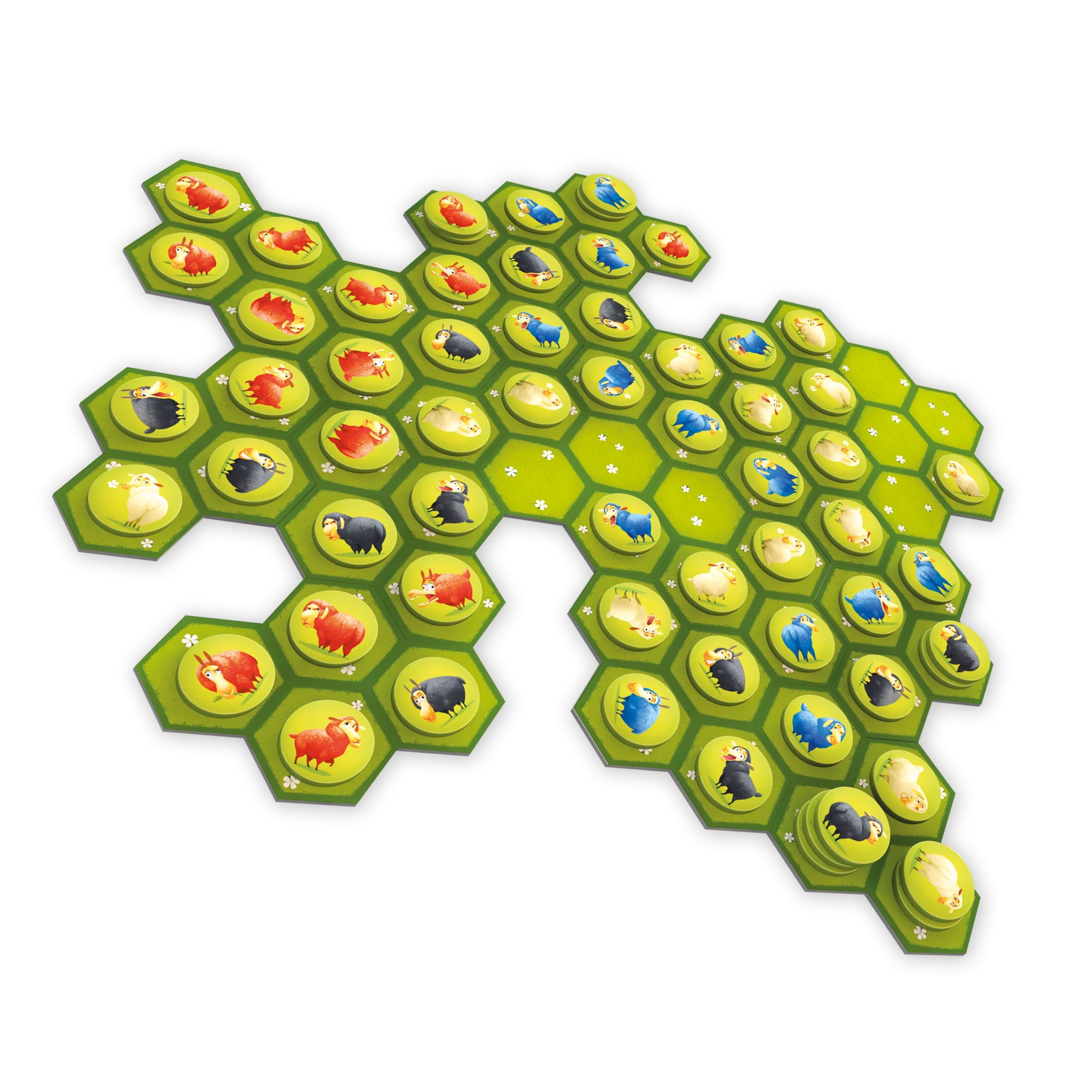 Detalle de las fichas de oveja y losetas del juego Batalla de Ovejas.