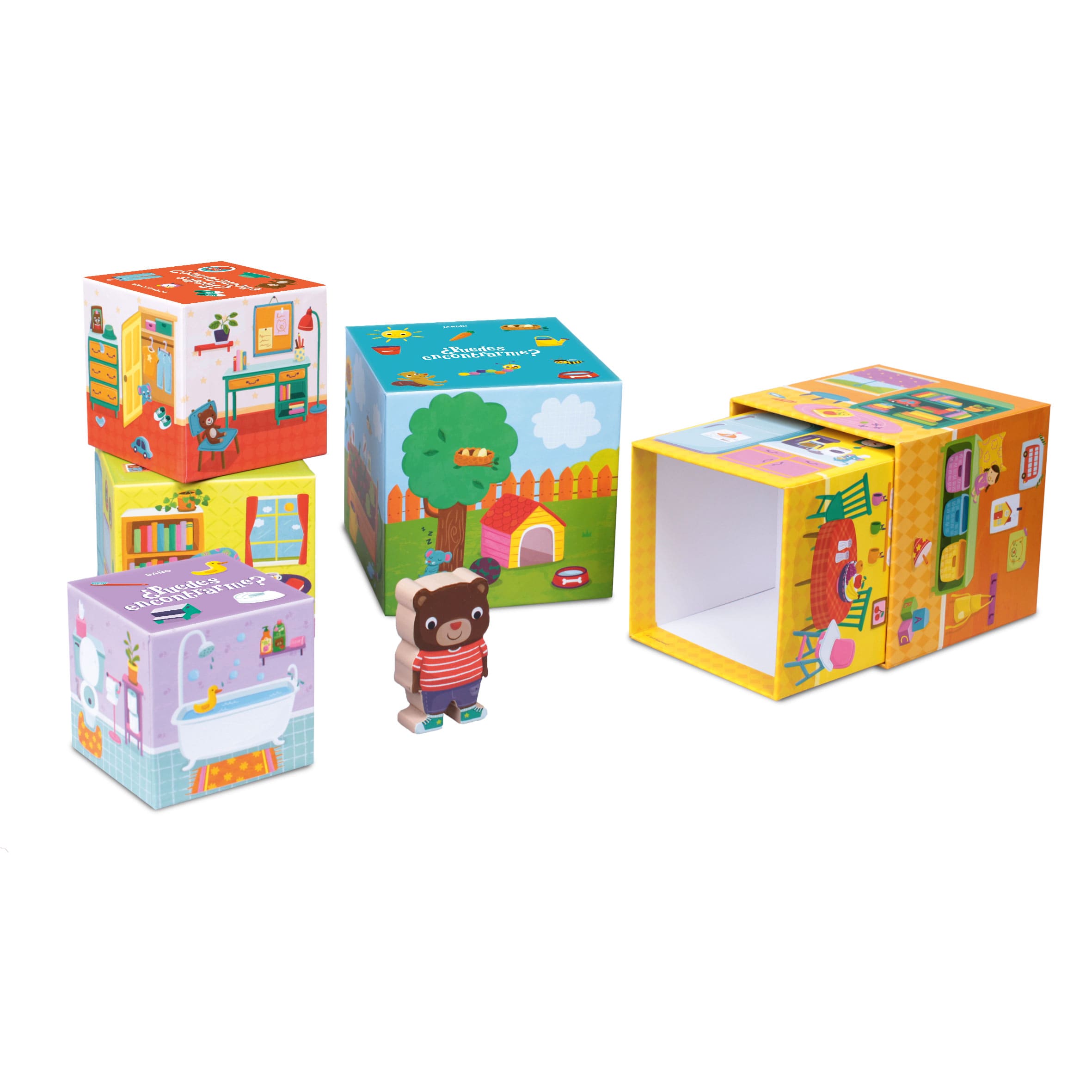 Bloques de juego infantil apilables y osito de madera – ¿Dónde está Oso?