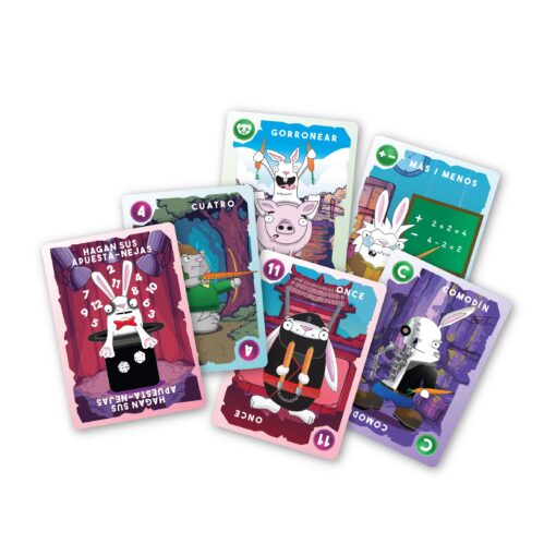 Detalle de cartas del juego Demasia2 Conejos y dados numerados.