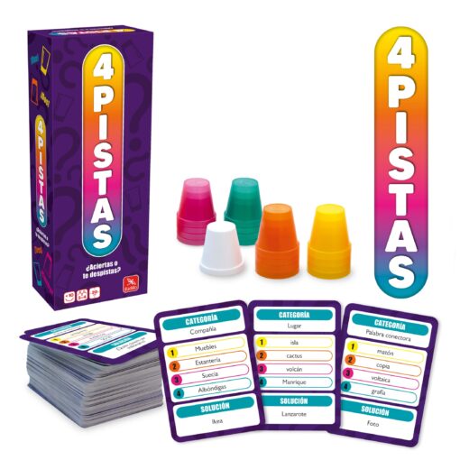 89034_4-PISTAS_BODEGON Detalle de las cartas de categoría a doble cara del juego 4 Pistas.