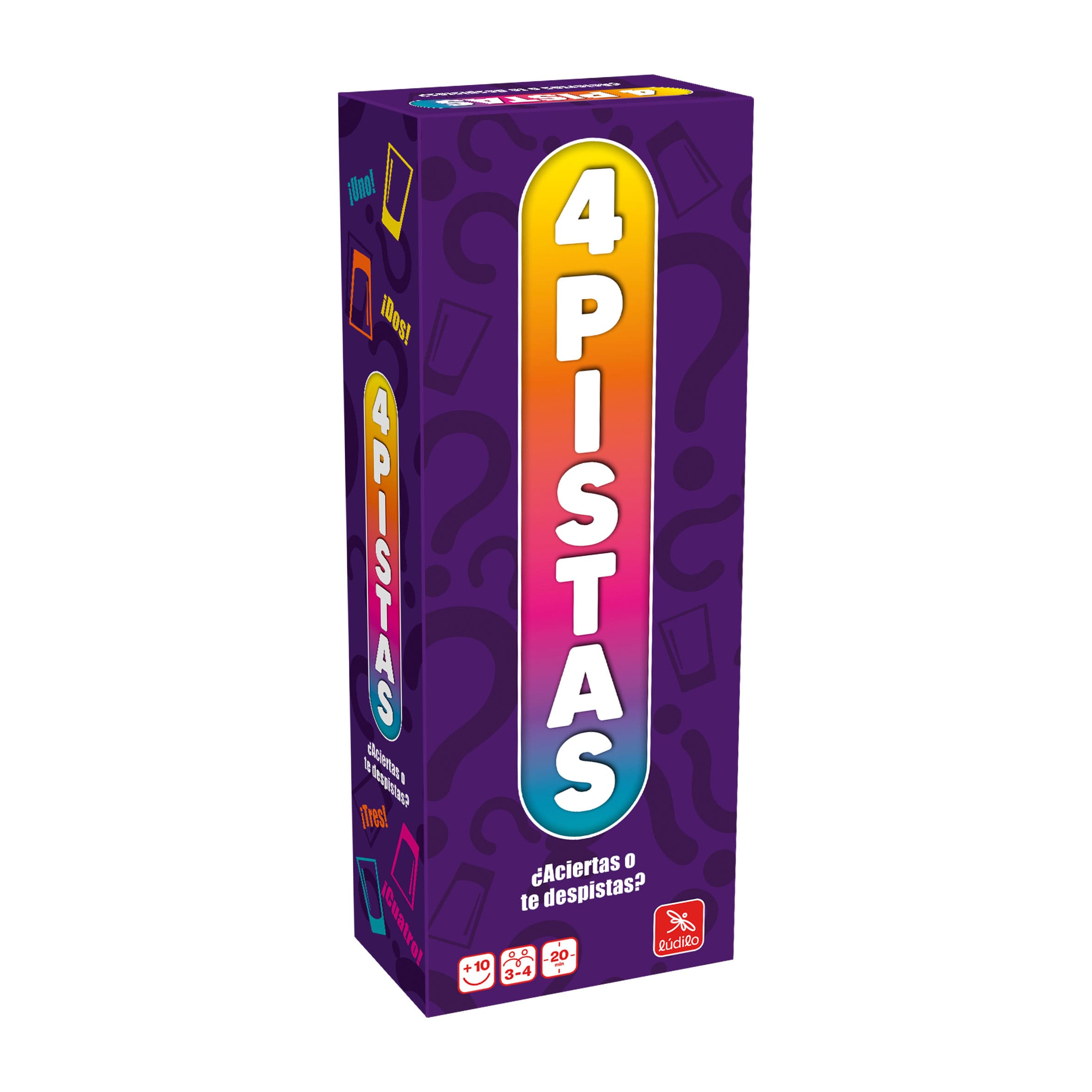 Caja del juego 4 Pistas de Lúdilo con vasitos numerados y cartas.