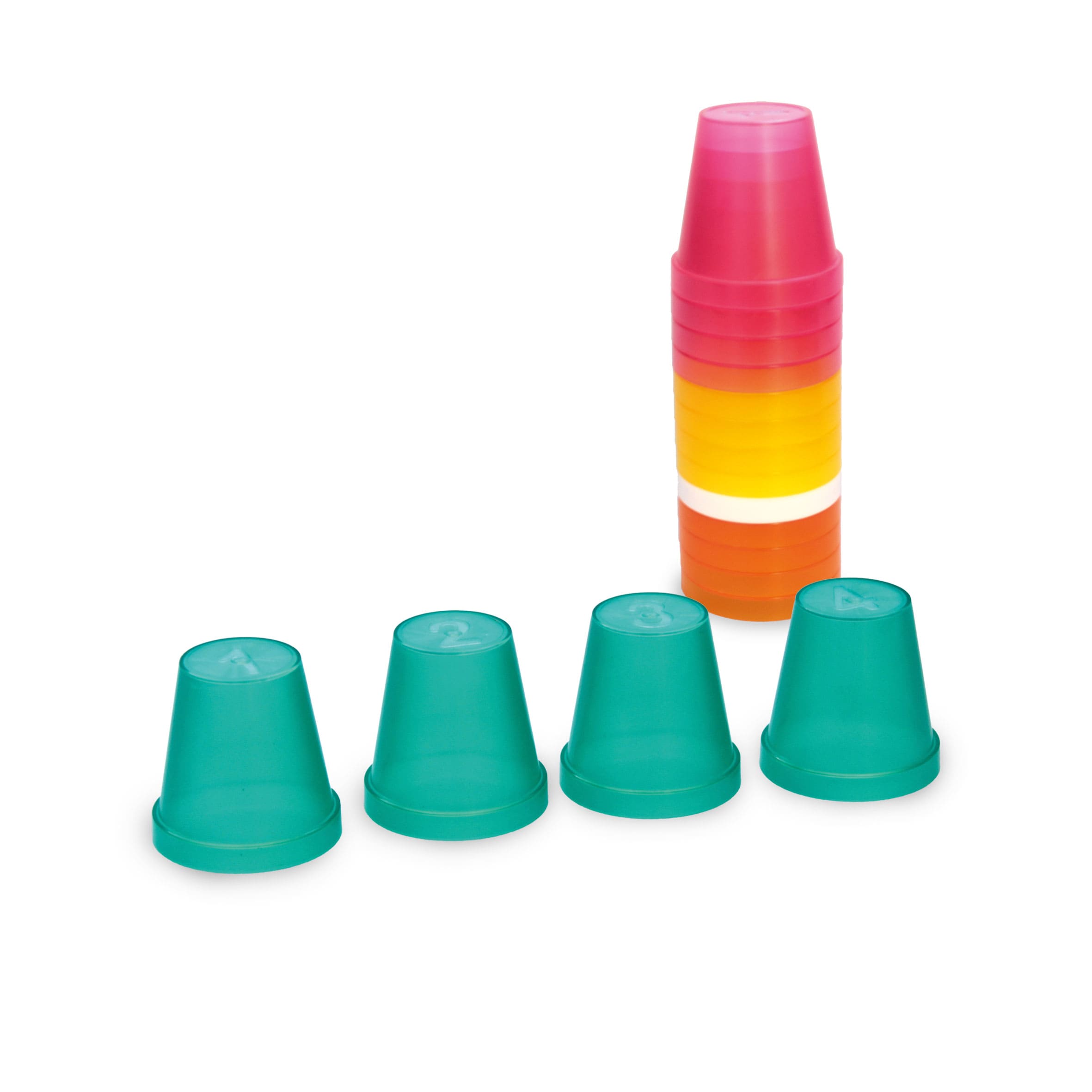 16 vasitos numerados de colores del juego 4 Pistas.
