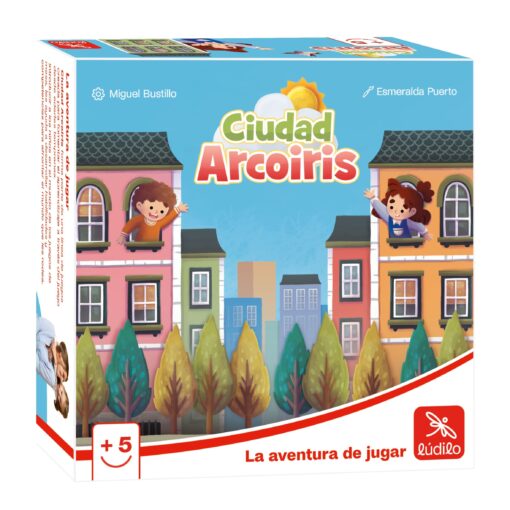 Juego Ciudad Arcoíris de Lúdilo con cartas de edificios coloridos.