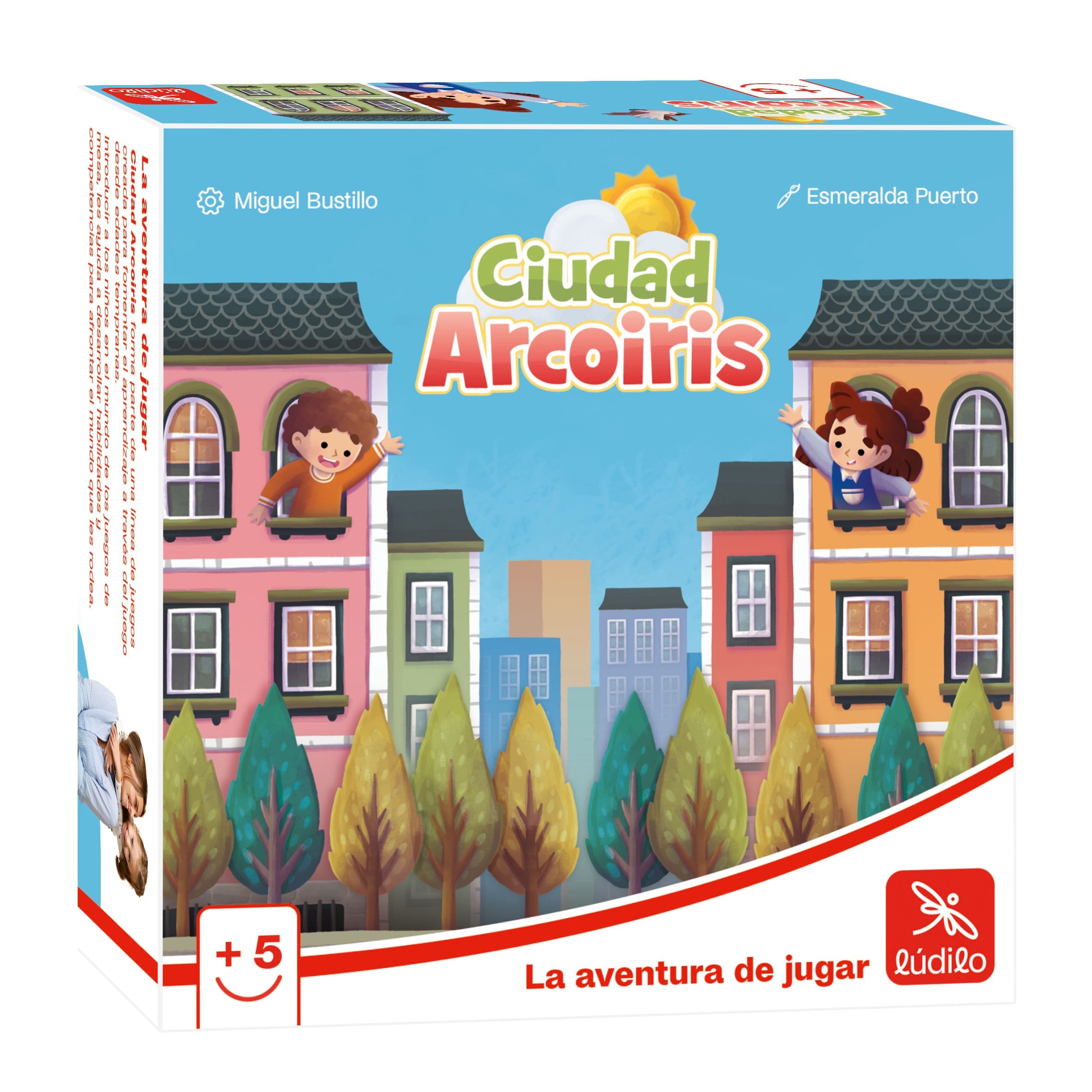 Juego Ciudad Arcoíris de Lúdilo con cartas de edificios coloridos.