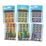 Detalle de las fichas de elementos (árboles, habitantes, pájaros) del juego Ciudad Arcoíris.