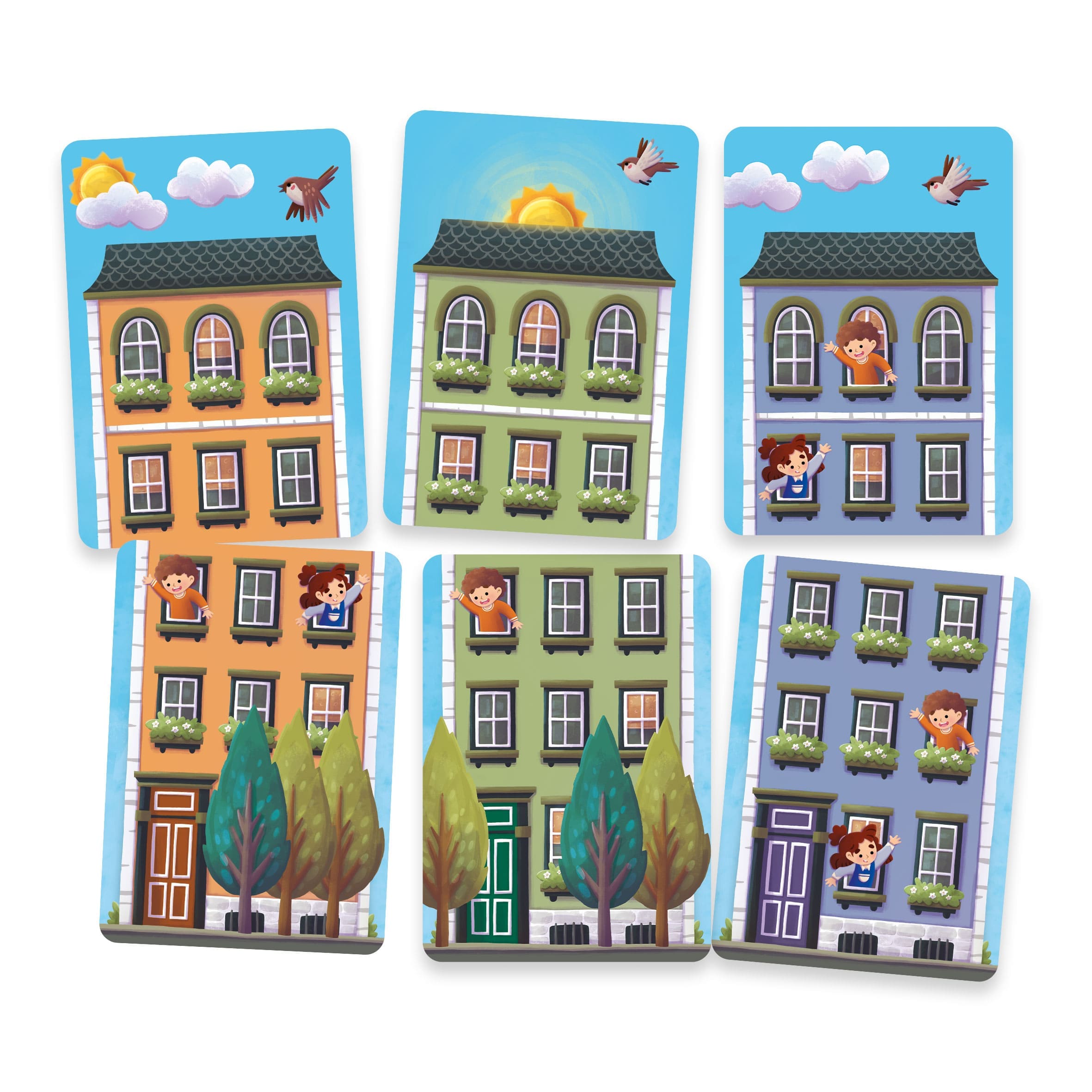 Detalle de las fichas de elementos (árboles, habitantes, pájaros) del juego Ciudad Arcoíris.