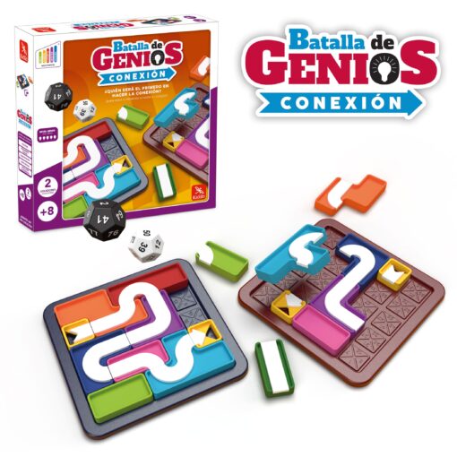 89069_BATALLA-CONEXION_bodegon Detalle de tablero y piezas del juego de lógica Batalla de Genios Conexión.