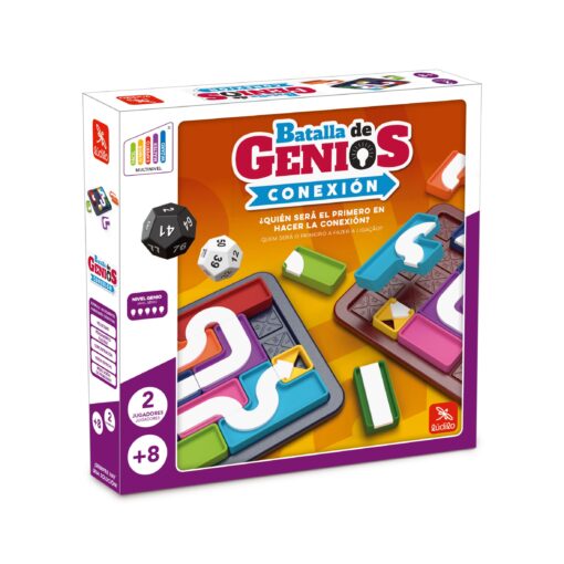 Caja del juego Batalla de Genios Conexión de Lúdilo con piezas de colores.