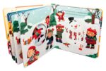 Escena interior del libro “¡Feliz Navidad!” en formato pop-up, con figuras tridimensionales de Papá Noel y renos rodeados de nieve y adornos.