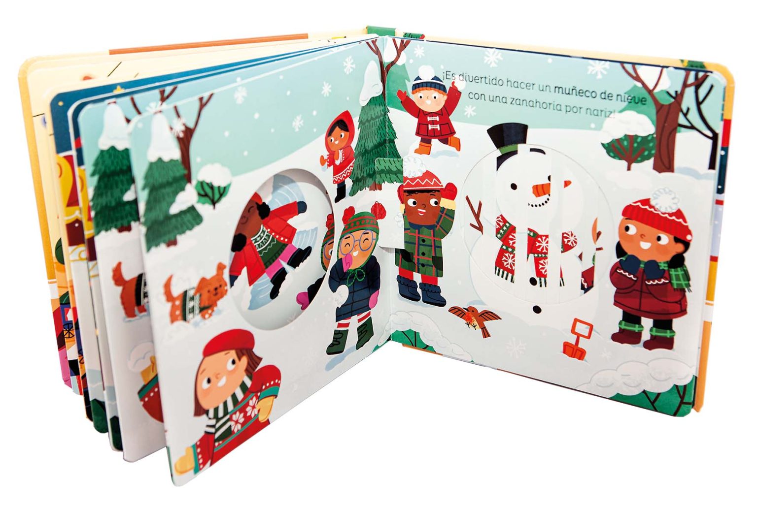 Escena interior del libro “¡Feliz Navidad!” en formato pop-up, con figuras tridimensionales de Papá Noel y renos rodeados de nieve y adornos.