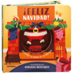 Portada del libro pop-up “¡Feliz Navidad!” de Combel, con ilustraciones festivas en tonos rojos y verdes, mostrando elementos navideños como regalos, renos y un árbol decorado.