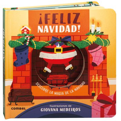 Portada del libro pop-up “¡Feliz Navidad!” de Combel, con ilustraciones festivas en tonos rojos y verdes, mostrando elementos navideños como regalos, renos y un árbol decorado.