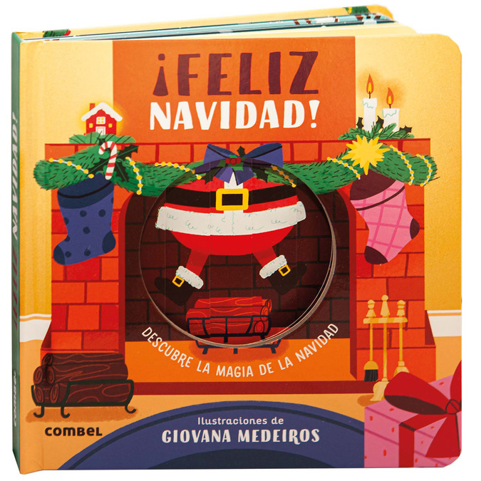 Portada del libro pop-up “¡Feliz Navidad!” de Combel, con ilustraciones festivas en tonos rojos y verdes, mostrando elementos navideños como regalos, renos y un árbol decorado.