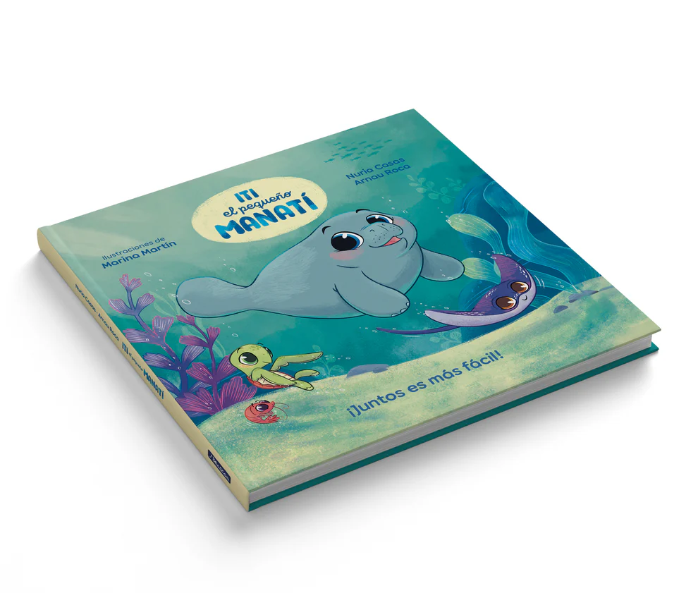 Logo Manatí x Hape y los autores Núria y Arnau en portada del álbum.