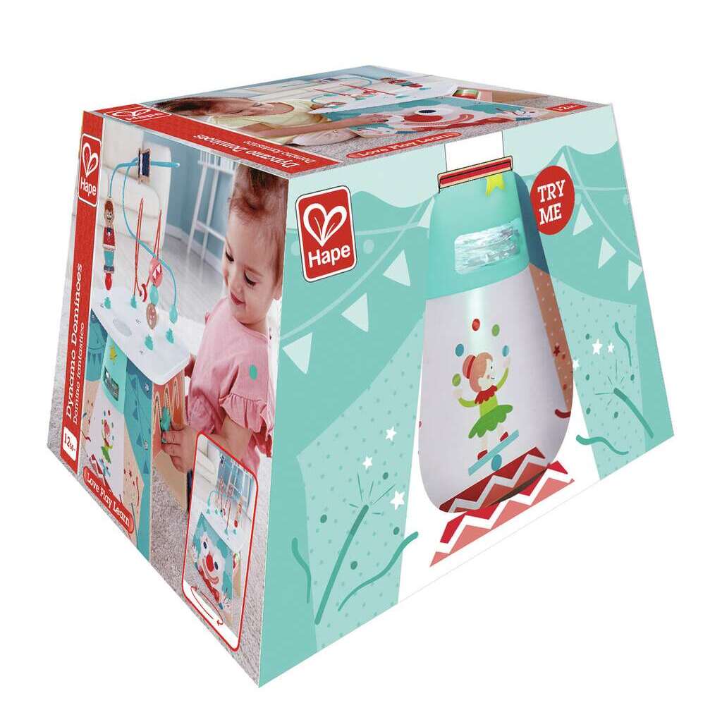 Cara de payaso del cubo con nariz y ojos que giran al jugar.