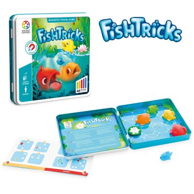 Tablero de FishTricks con peces magnéticos y flor de loto.