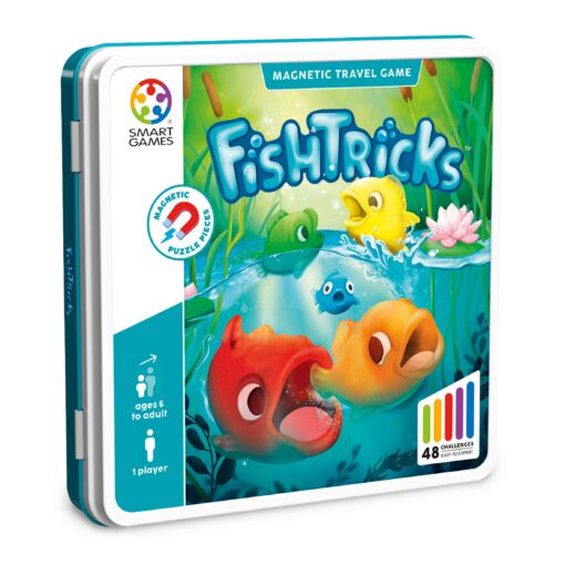 Juego de lógica FishTricks de Smart Games en caja metálica.