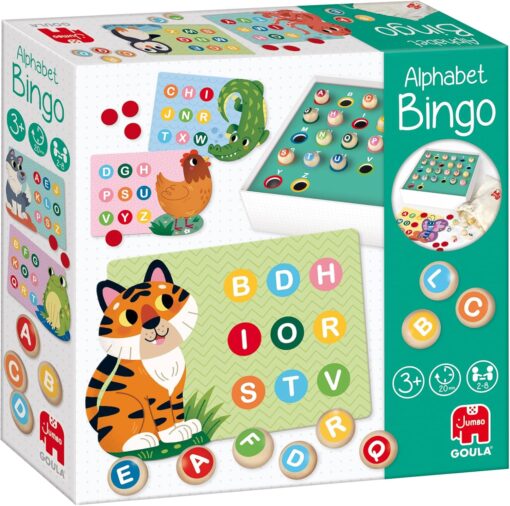 Caja del juego Bingo Alfabeto Goula con cartones, marcadores y bolas con letras.