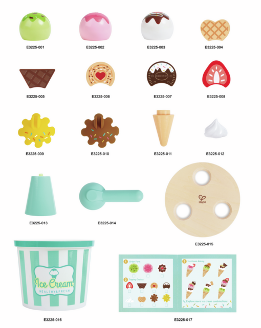 Detalle de los accesorios del juego “Scoop & Serve”: cuchara, siropes, bolas de helado.