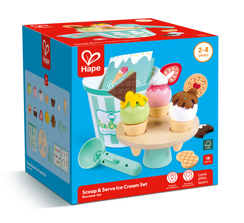 Caja del juego de helado Hape E3225 mostrando 19 piezas y posibilidades de juego.