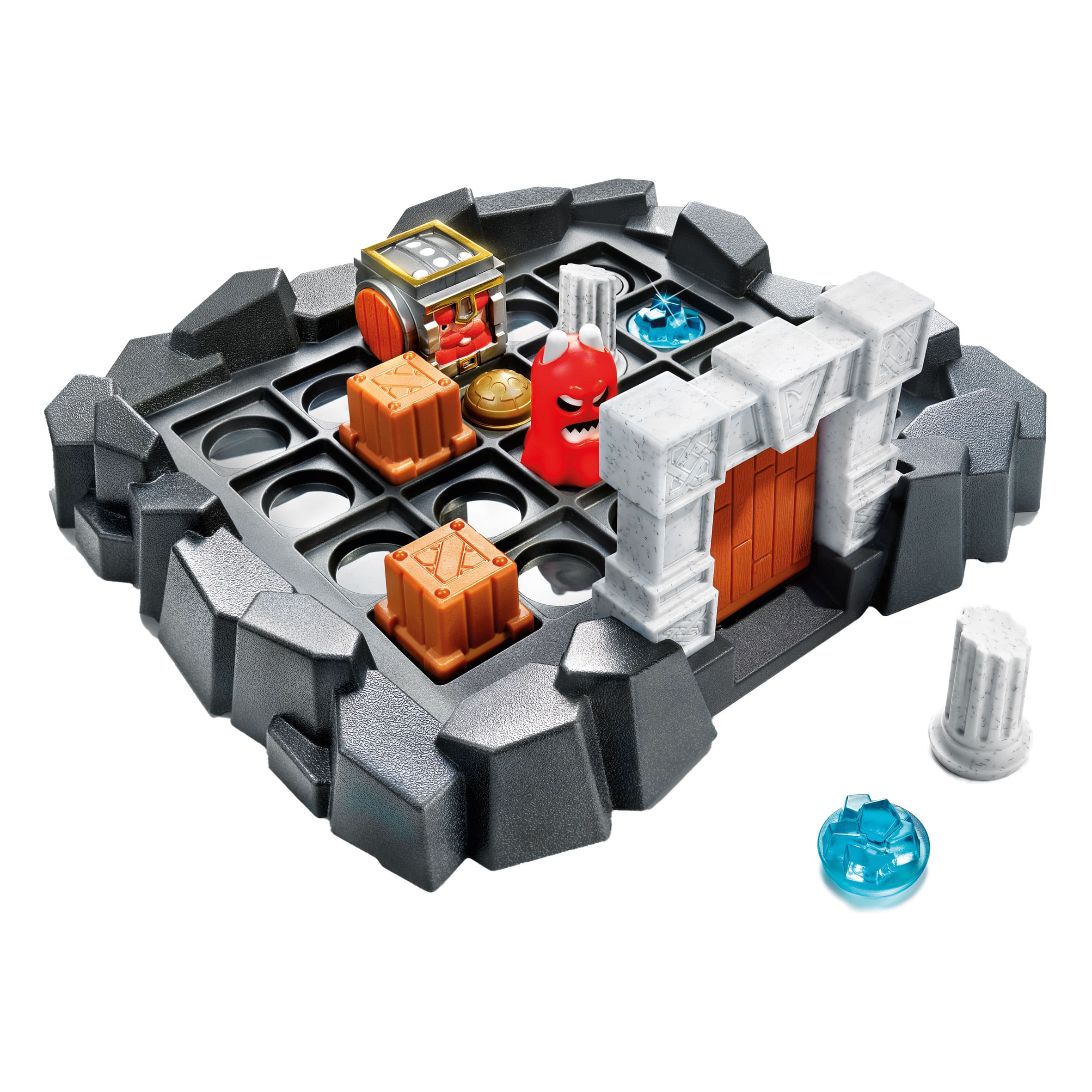 Tablero del juego Maldita Mazmorra con puerta, pilares y cajas.