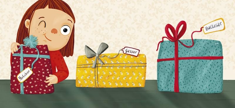 Detalle de una página del cuento con texto y una escena navideña iluminada.