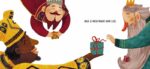 Detalle de una página del cuento con texto y una escena navideña iluminada.