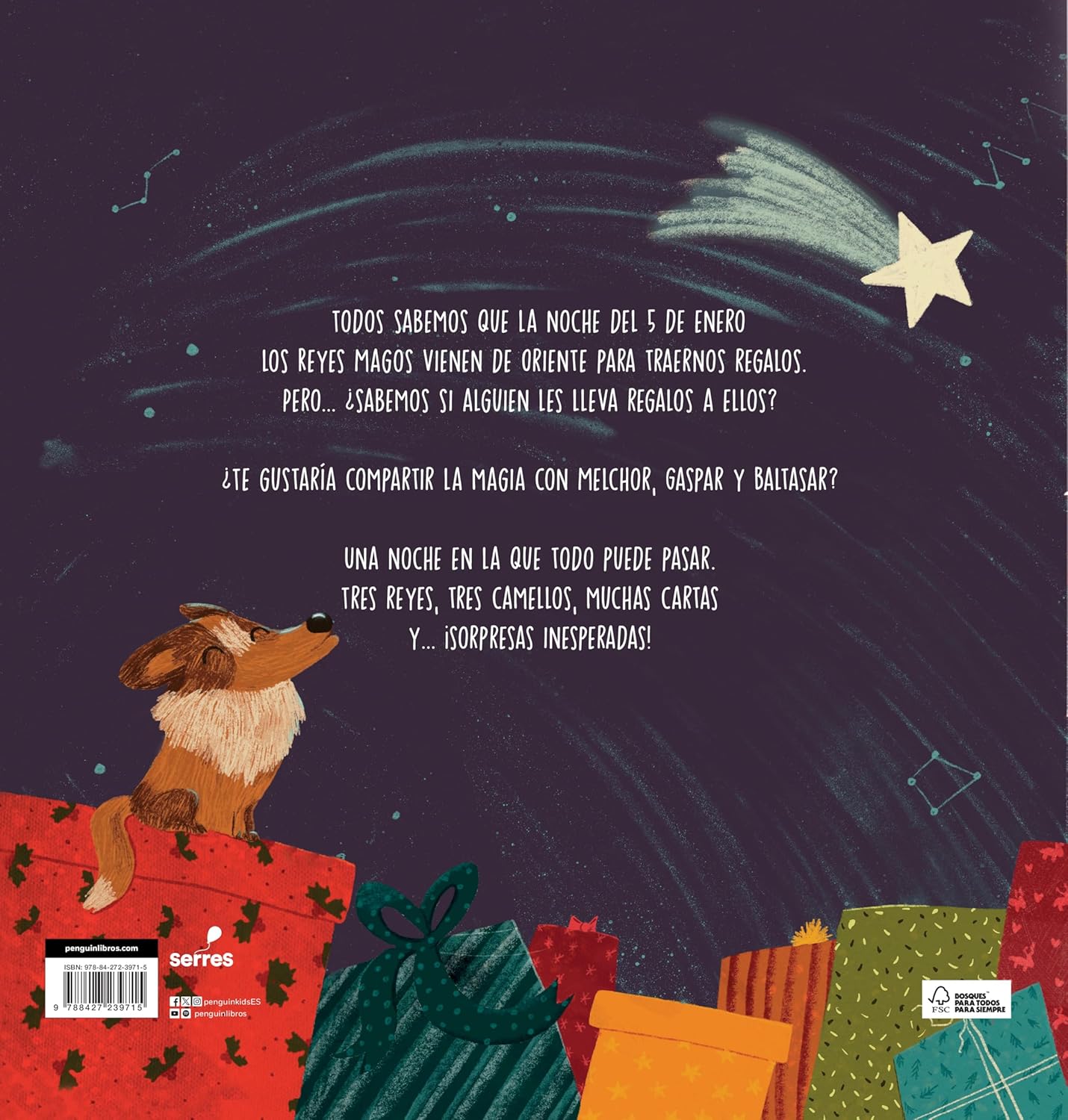 Dibujo de un camello con regalos y la noche estrellada de fondo.