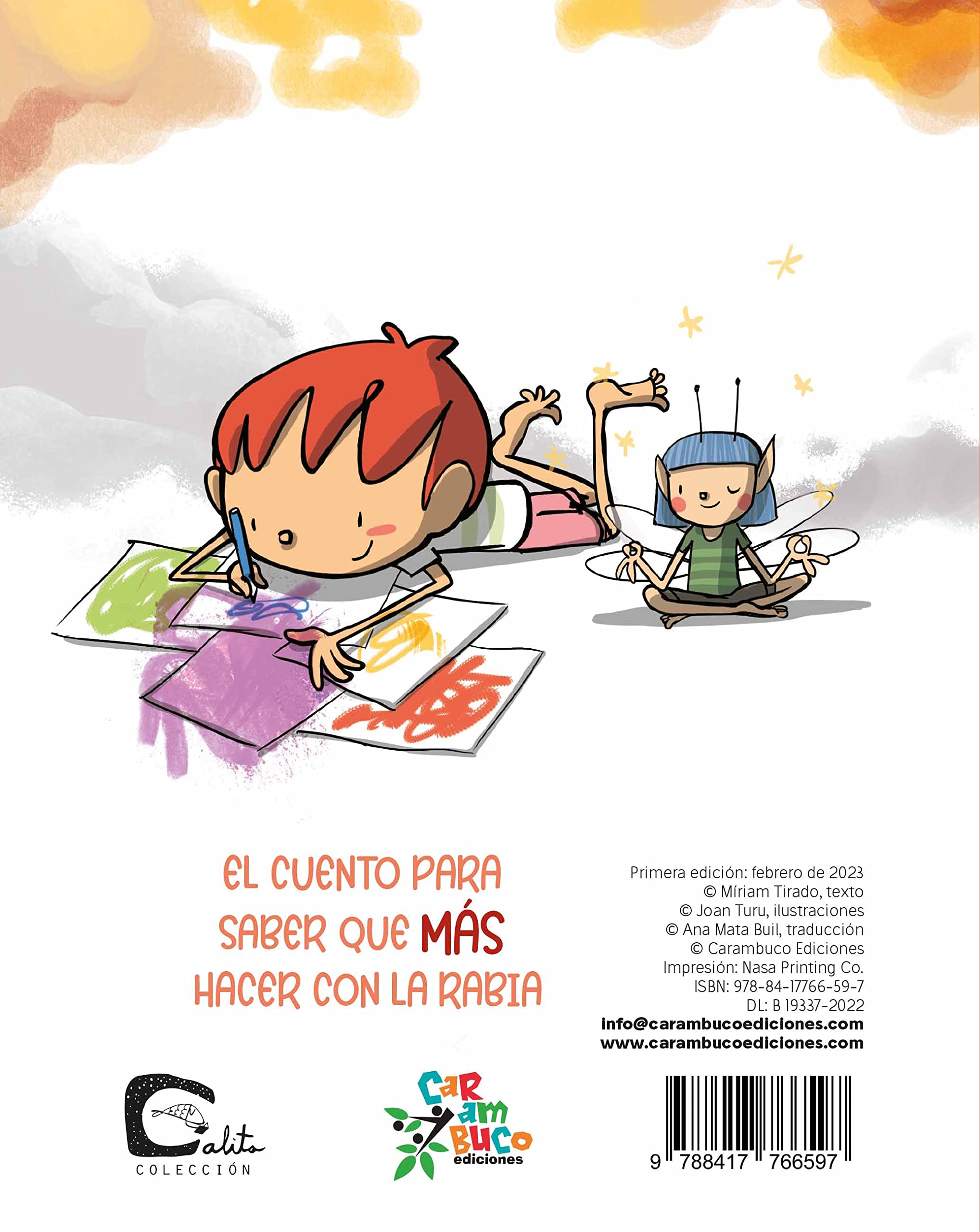 Detalle de los dibujos de Joan Turu que muestran al hada y elementos visuales de fuego y calma.