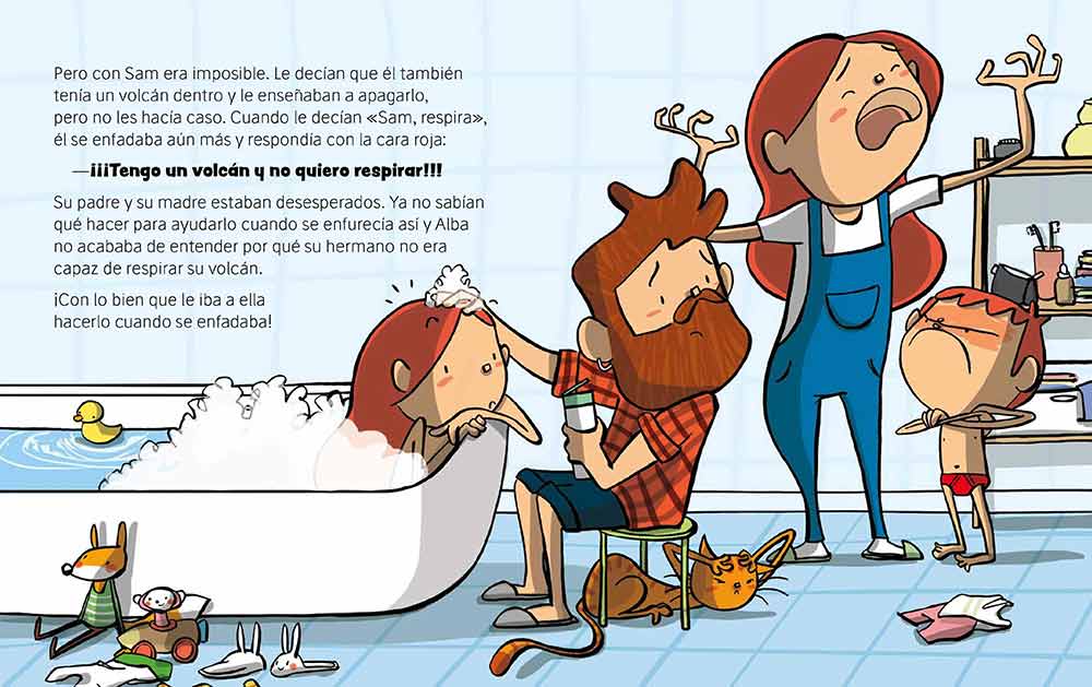 Ilustración de las páginas del cuento donde se representa la rabia como un volcán.