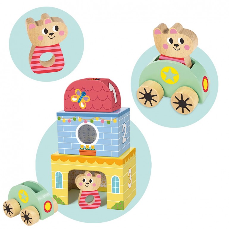 Detalle del sonajero de fieltro y madera del juguete My First Toy Goula.