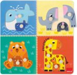 Montaje completo del puzzle Mamás y Bebés Goula – ballena, elefante, oso, jirafa.