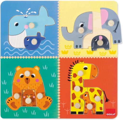 Montaje completo del puzzle Mamás y Bebés Goula – ballena, elefante, oso, jirafa.