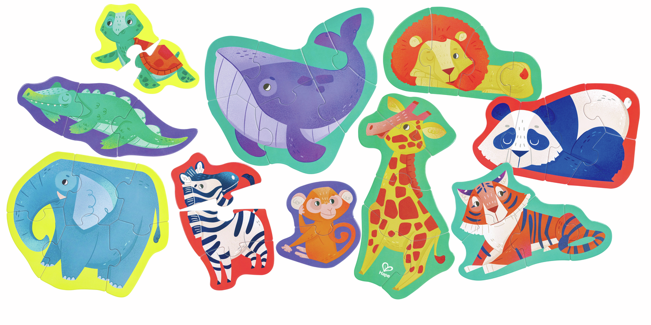 Animales de la jungla: cebra, tigre y elefante en el rompecabezas Hape.